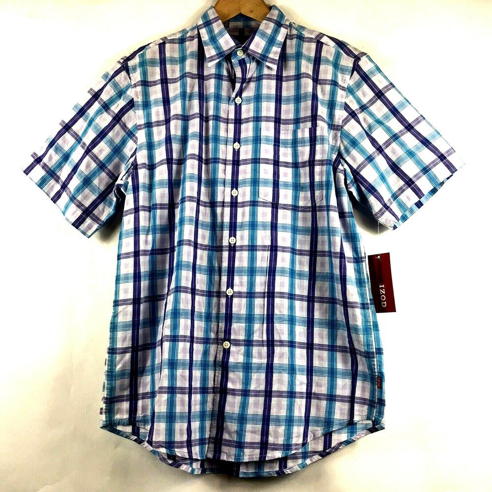 Izod Shirt Mens Size Small Casual S/S Button Front Liberty Purple Teal Plaid NEW
